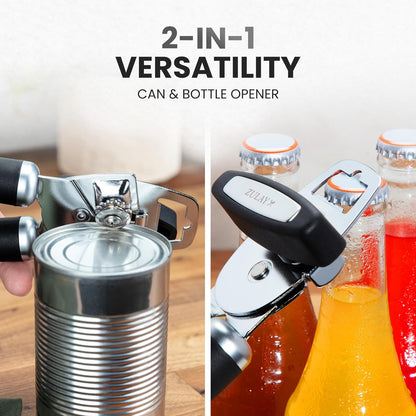 Zulay Kitchen Heavy Duty Stainless Steel Can Opener Manual with Bottle Opener - Rust Proof Manual Can Opener With Turn Knob & Comfy Soft Grip Handles - Black - Colors B