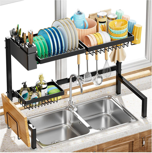 YKLSLH 4 Baskets Over The Sink Dish Drying Rack, Extendable Large Capacity Sink Rack, Metal Drying Rack Saving Space,for Most Sinks (26.57"-35")