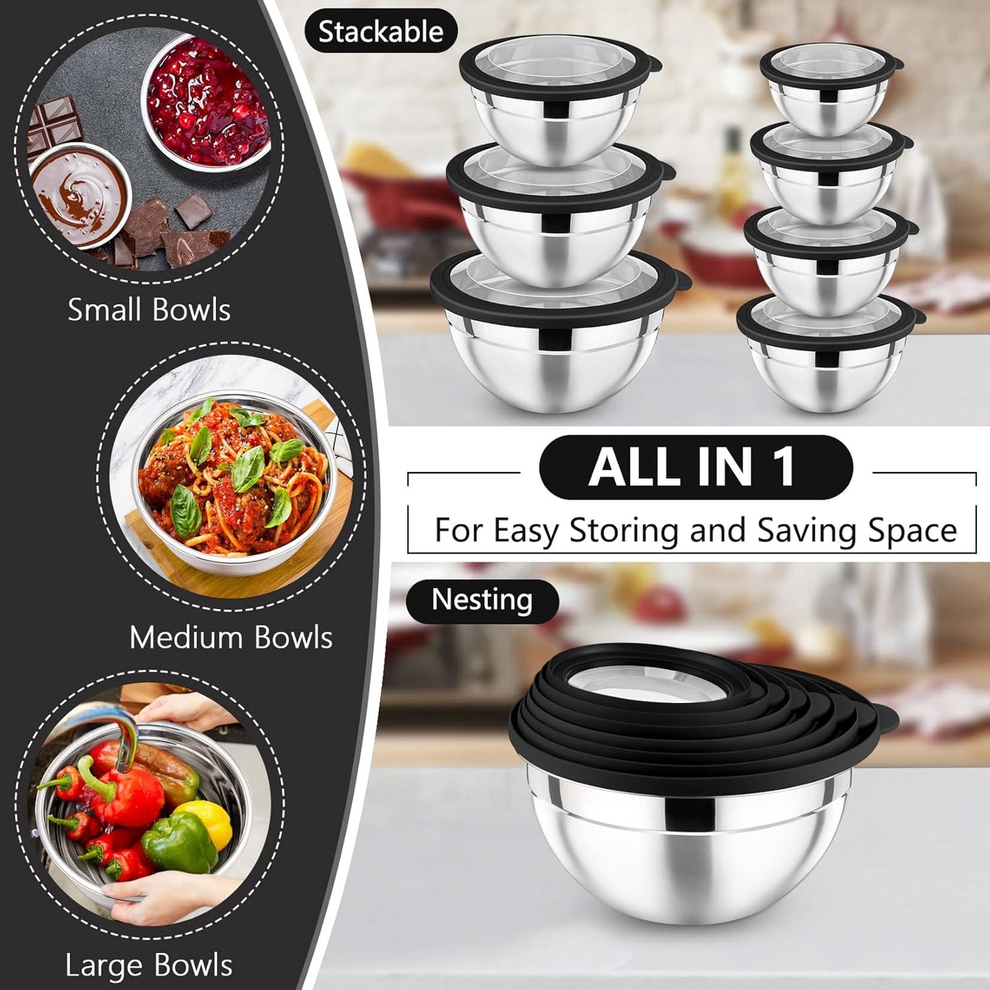 P&P CHEF Mixing Bowl with Lid Set of 7, Stainless Steel Nesting Salad Bowls for Cooking Serving Prepping, Clear Lids & Stackable Design, Size 4.6, 3.5, 3, 2, 1.5, 1, 0.7 Qt - Khaki