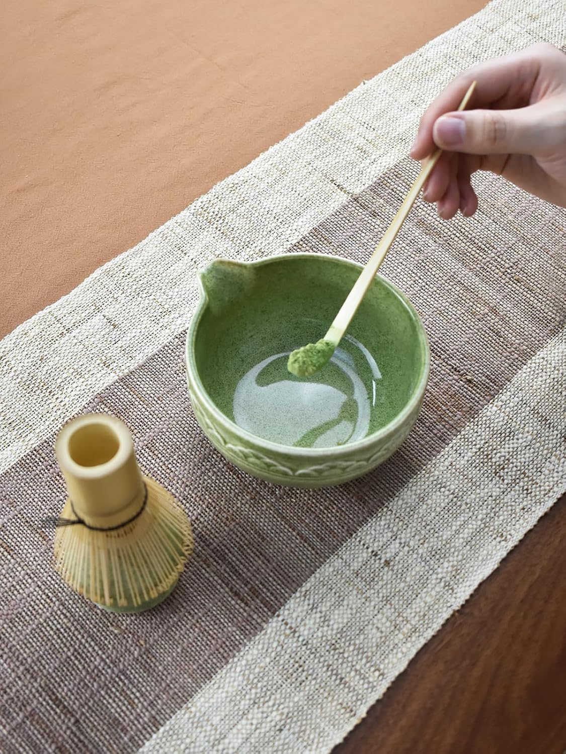 Artcome 4 Pcs Complete Matcha Ceremony Kit - Japanese Bowl With Pouring Spout, Whisk, Holder, Scoop - Tea Set for Making Usucha, Koicha and Latte (Green)