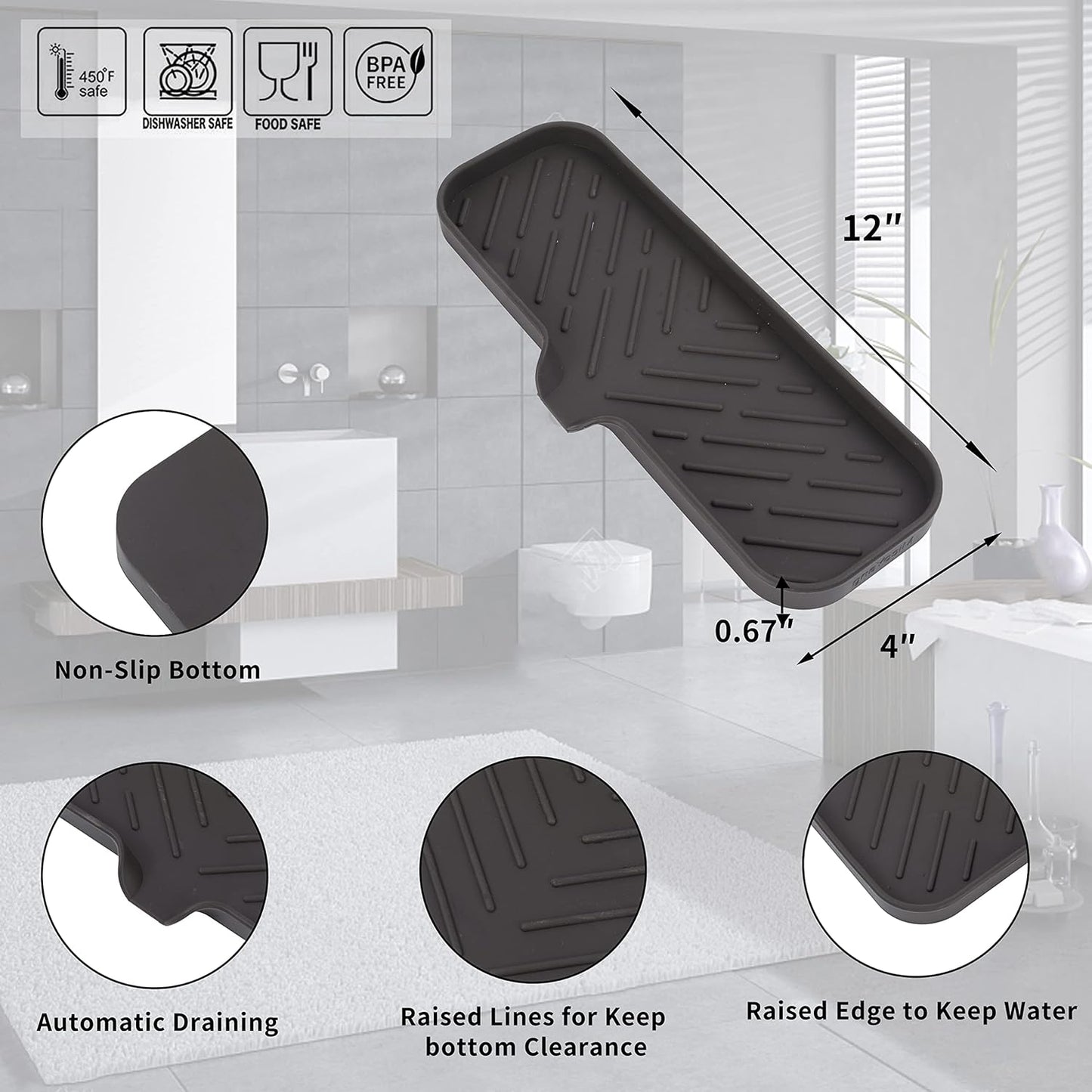 MicoYang Silicone Soap Dish with Drain Spout, Self-Draining Sink Organizer Tray for Bathroom and Kitchen, Sponges, Dispensers and Soap Holder, Non-Slip and Dishwasher Safe, Black (Compact, 4.9"×3.2")