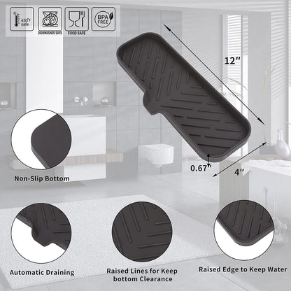 MicoYang Silicone Soap Dish with Drain Spout, Self-Draining Sink Organizer Tray for Bathroom and Kitchen, Sponges, Dispensers and Soap Holder, Non-Slip and Dishwasher Safe, Black (Compact, 4.9"×3.2")
