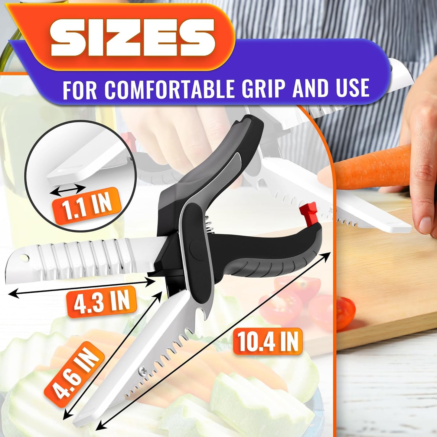 2 in 1 Kitchen Scissors for Food – Stainless Steel Blade & Plastic Cutting Board Scissors with Safety Lock | 9.5" Tomato Knife, Fruit & Vegetable Cutter – Easy-to-Use Kitchen Shears for Meat, Cheese