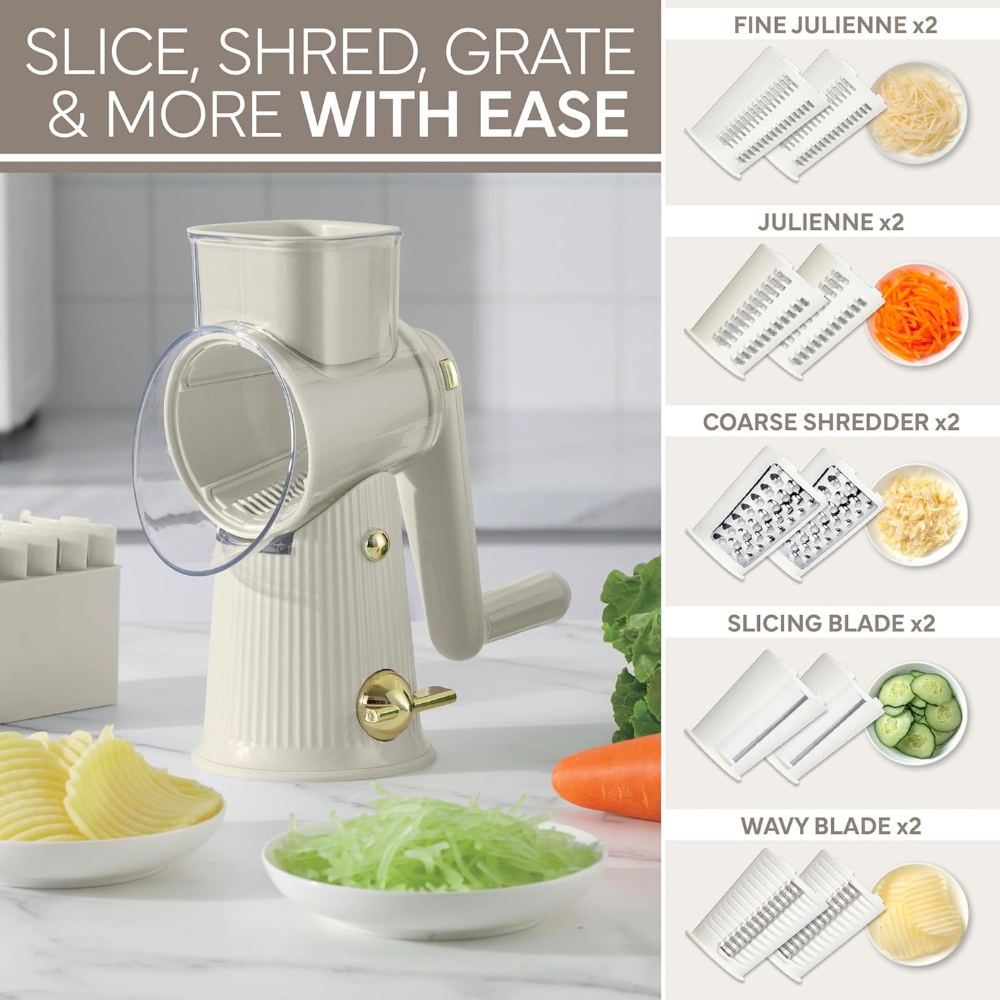 COOK WITH COLOR Rotary Cheese Grater with Handle - Counter Cheese Grater Suction Base with Hand Crank - 5 Blade Cheese Shredder - Easy to Use Manual Vegetable Chopper and Mandolin