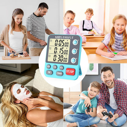 Digital Dual Kitchen Timer, 3 Channels Triple Countdown Timer for Cooking, Magnetic Memory-Preset Large Display Adjustable Volume, Multi Time Management, 3A Battery Included, Black