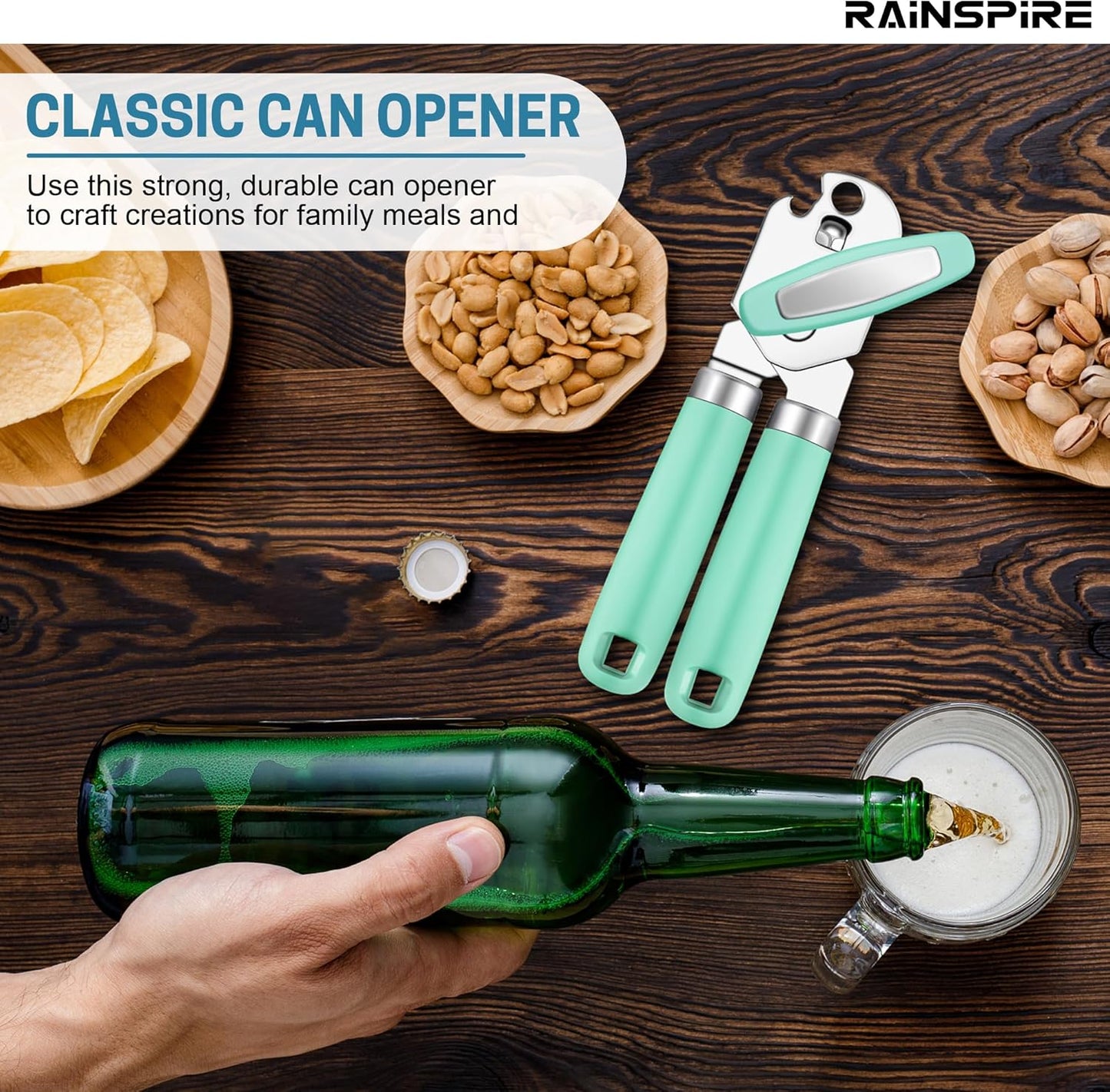 Rainspire Upgraded Can Opener Manual with Bottle Opener Smooth Edge Cut, Can Opener Heavy Duty, Comfortable Soft Handle, Built-in Bottle Opener, Black