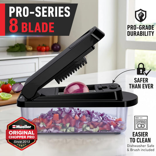 Mueller Pro-Series 10-in-1, 8 Blade Vegetable Chopper, Onion Mincer, Cutter, Dicer, Egg Slicer with Container, French Fry Cutter Potato Slicer, Home Essentials, Salad Chopper White Sand/Green