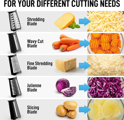 Zulay Kitchen Rotary Cheese Grater 5 Blade Cheese Shredder - Manual Hand Crank Cheese Grater With Reinforced Suction & 5 Interchangeable Drums - Easy to Use, Vegetable Chopper Round Mandoline Slicer - Colors B