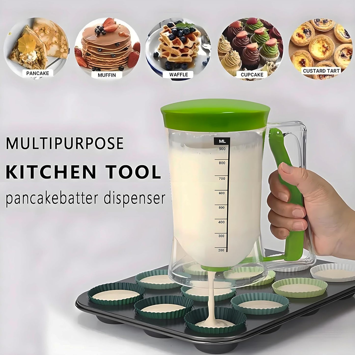 Pancake Batter Dispenser with Measuring Label, 4 Cup Capacity, 900ml With Squeeze Handle Kitchen Dispenser Bottle for Pancakes, Waffles, Muffins, Green