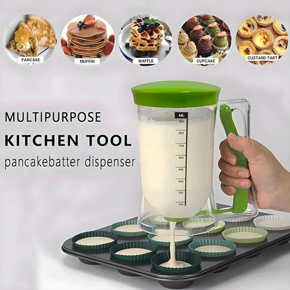 Pancake Batter Dispenser with Measuring Label, 4 Cup Capacity, 900ml With Squeeze Handle Kitchen Dispenser Bottle for Pancakes, Waffles, Muffins, Green