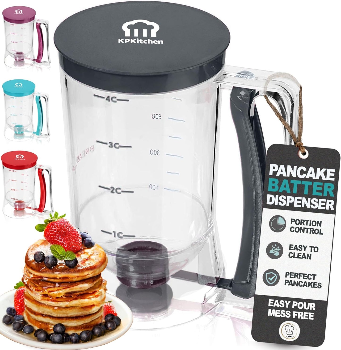 Pancake Batter Dispenser - Kitchen Must Have Tool for Perfect Pancakes, Cupcake, Waffle, Muffin Mix, Cake & Crepe - Easy Pour Baking Supply for Griddle - Pancake Maker with Measuring Label (Turquoise)
