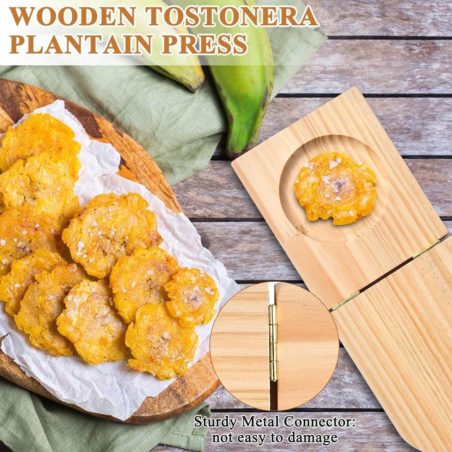 Supkiir 2 Kitchen Tools Including Mortar and Pestle Set and Wood Tostonera Plantain Press, Natural Plantain Smasher for Fried Banana Pepper Spices Garlic Press Grinder Chopper Crusher