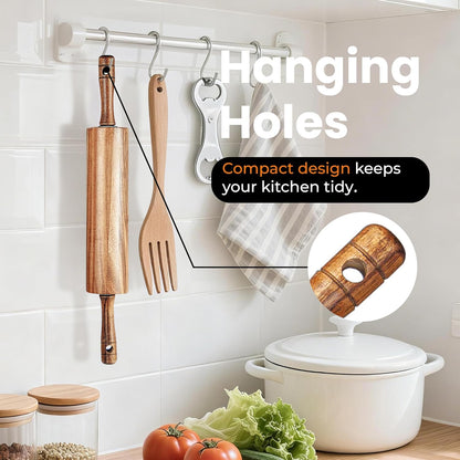 KARRYOUNG Rubber Wood Rolling Pin for Baking, Kitchen Dough Roller With Handles, Rodillo Para Masa, Rolling Pin for Dough, Pizza,Bread, Fondant & Tortilla