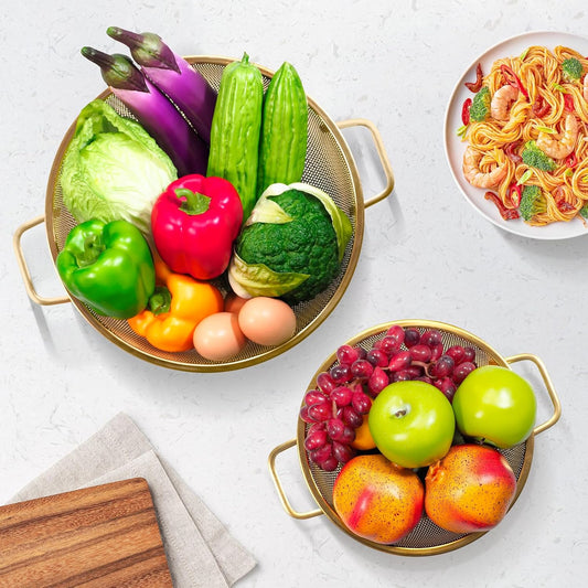 Gold Strainer for Kitchen, 3QT, Stainless Steel Colander with Handle for Fruits Vegetables Cooking Food, Dishwasher Safe