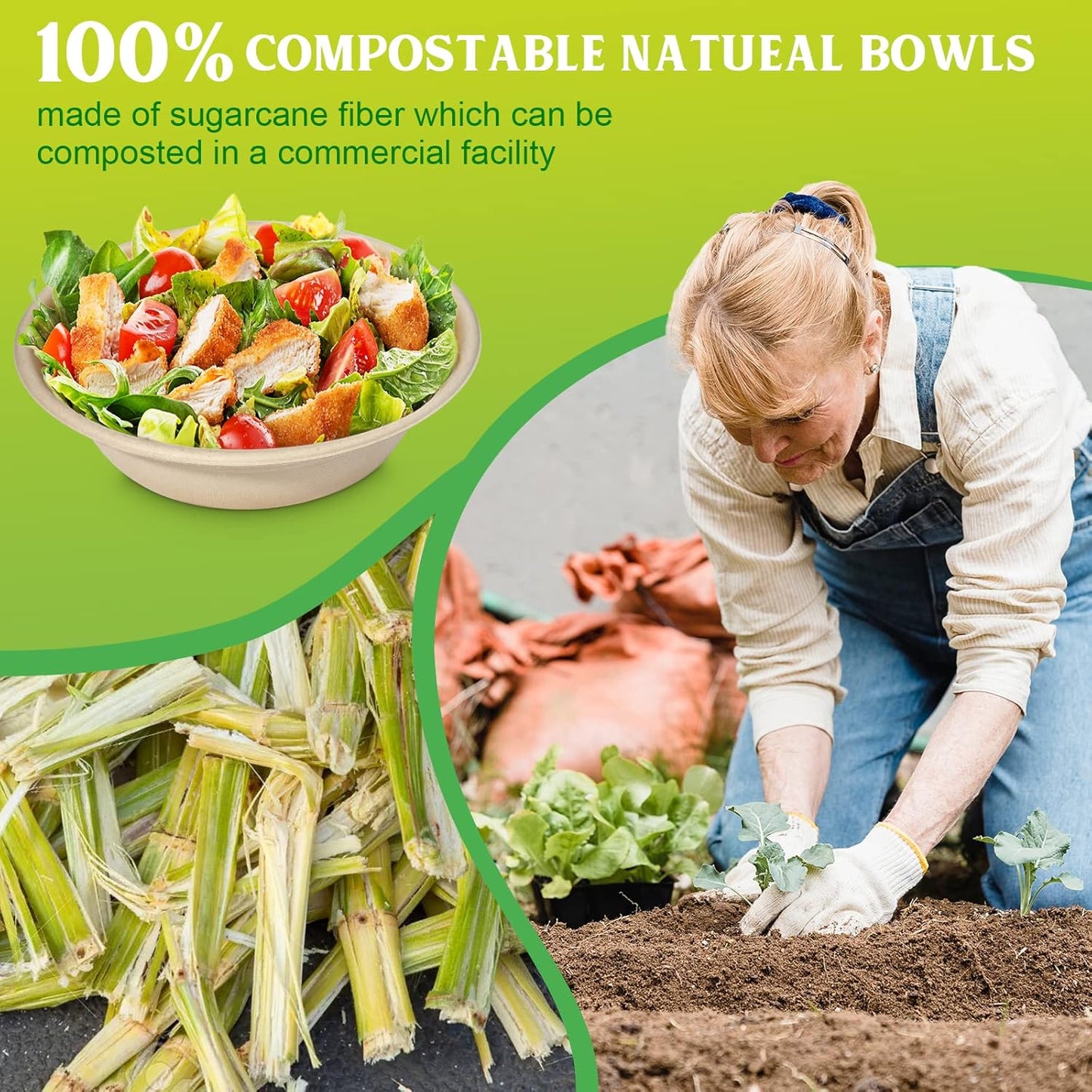 greensight Large Compostable Bowls - 32 oz, 100 Pack, Heavy Duty, Microwavable Safe, White Bagasse Bowls for Hot Soup, Salads, Cereals