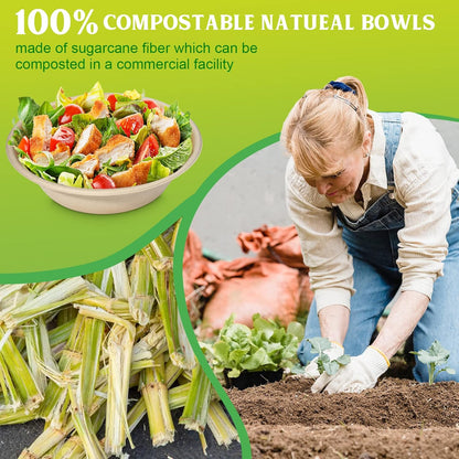 greensight Large Compostable Bowls - 32 oz, 100 Pack, Heavy Duty, Microwavable Safe, White Bagasse Bowls for Hot Soup, Salads, Cereals