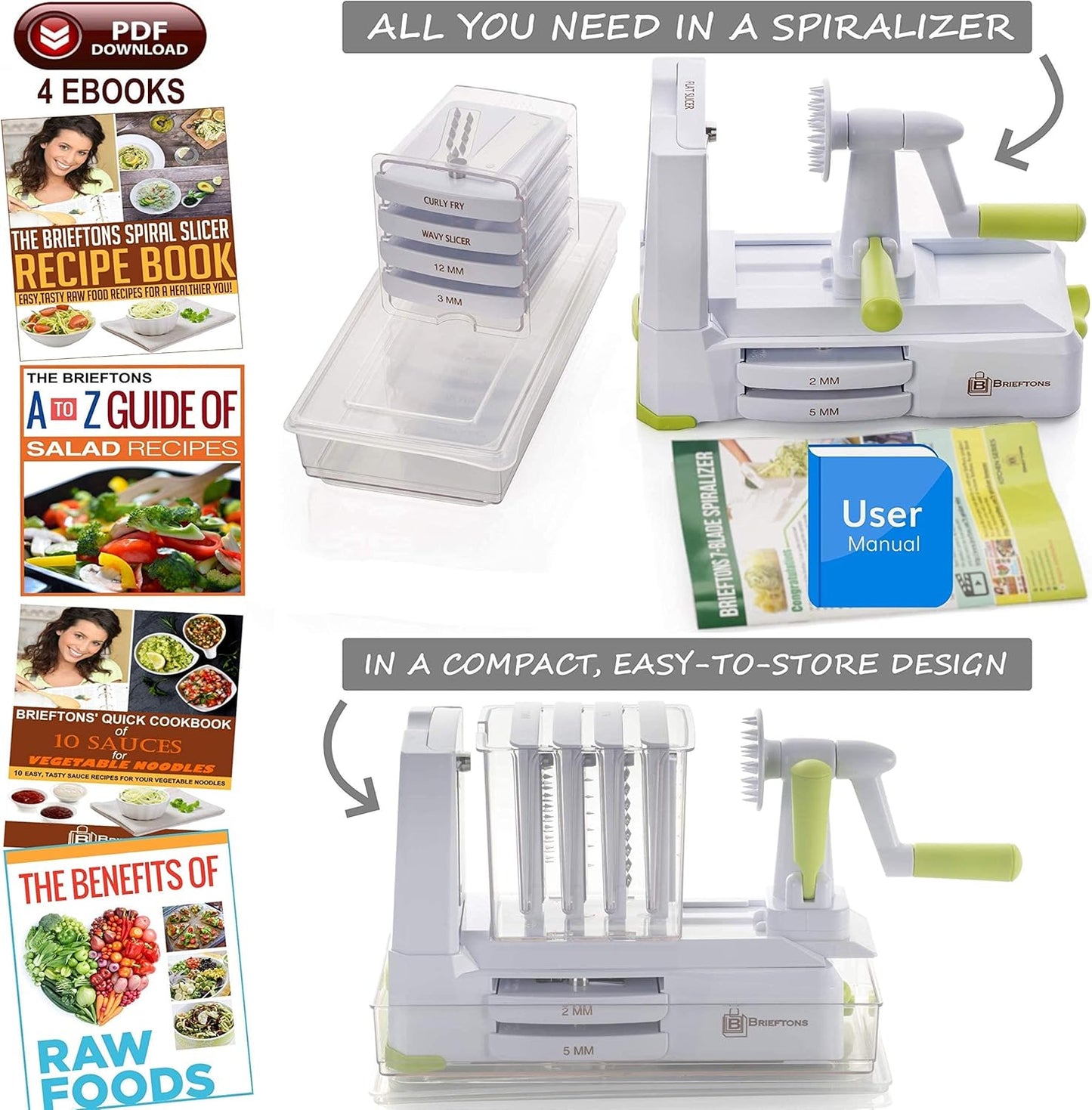 Brieftons 7-Blade Spiralizer & Brieftons QuickPush Food Chopper