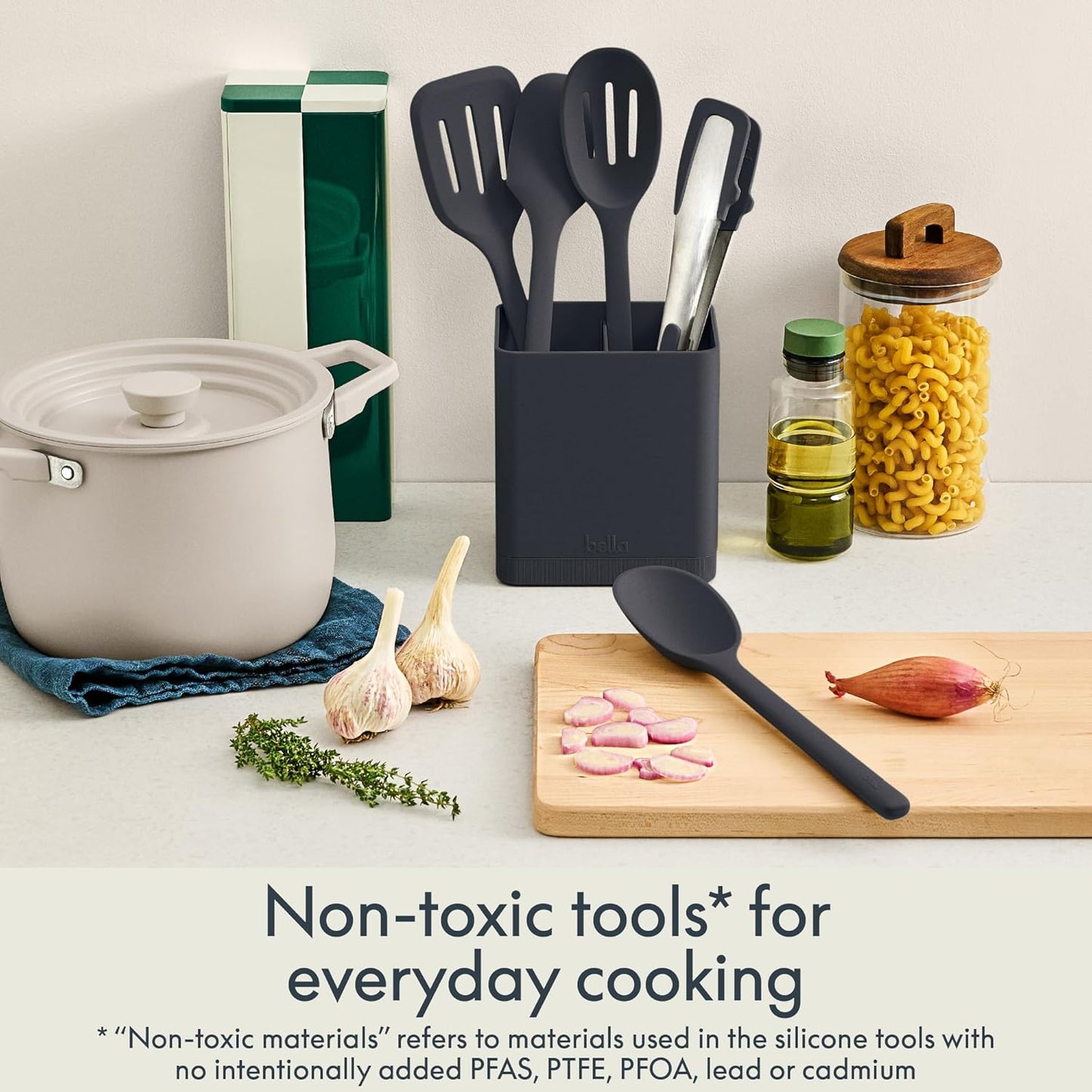 bella 6-Piece Modular Tool Set, Silicone, Turner, Spoon, Slotted Spoon, Spatula, Tongs, Crock with removable divider, Non-toxic*, Food-grade, Heat safe to 425°F, Dishwasher Safe, Slate