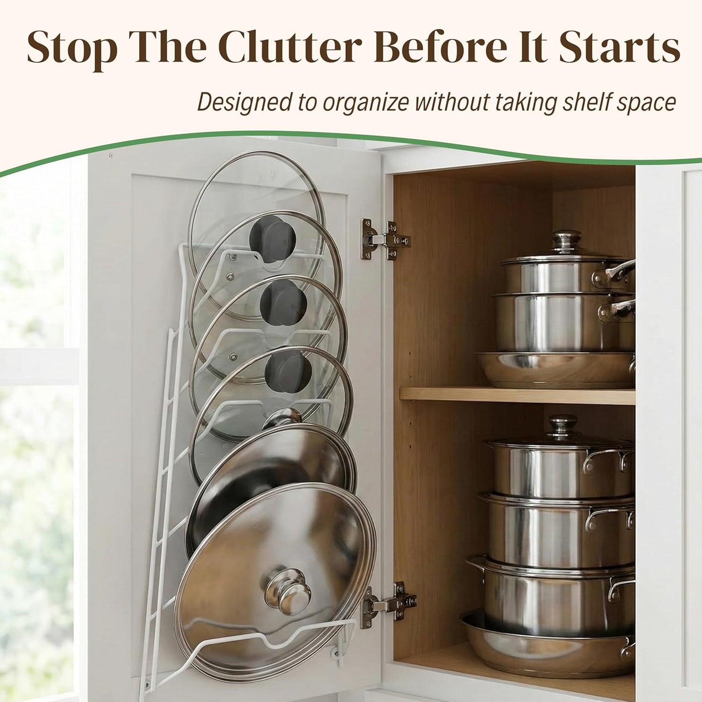 Evelots 6 Pot Lid Organizer for Cabinet Door or Pantry Wall - Closet Door Pots and Pans Lids Holder - Glass or Metal Pan Covers Cabinet Organizer Kitchen Storage - White 6 Tier Lid Rack