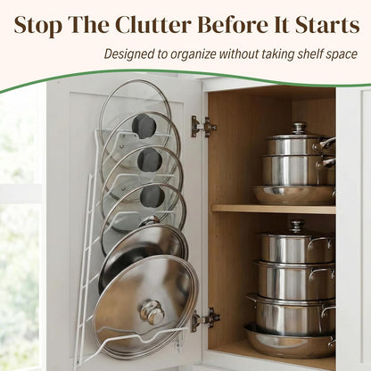 Evelots 6 Pot Lid Organizer for Cabinet Door or Pantry Wall - Closet Door Pots and Pans Lids Holder - Glass or Metal Pan Covers Cabinet Organizer Kitchen Storage - White 6 Tier Lid Rack