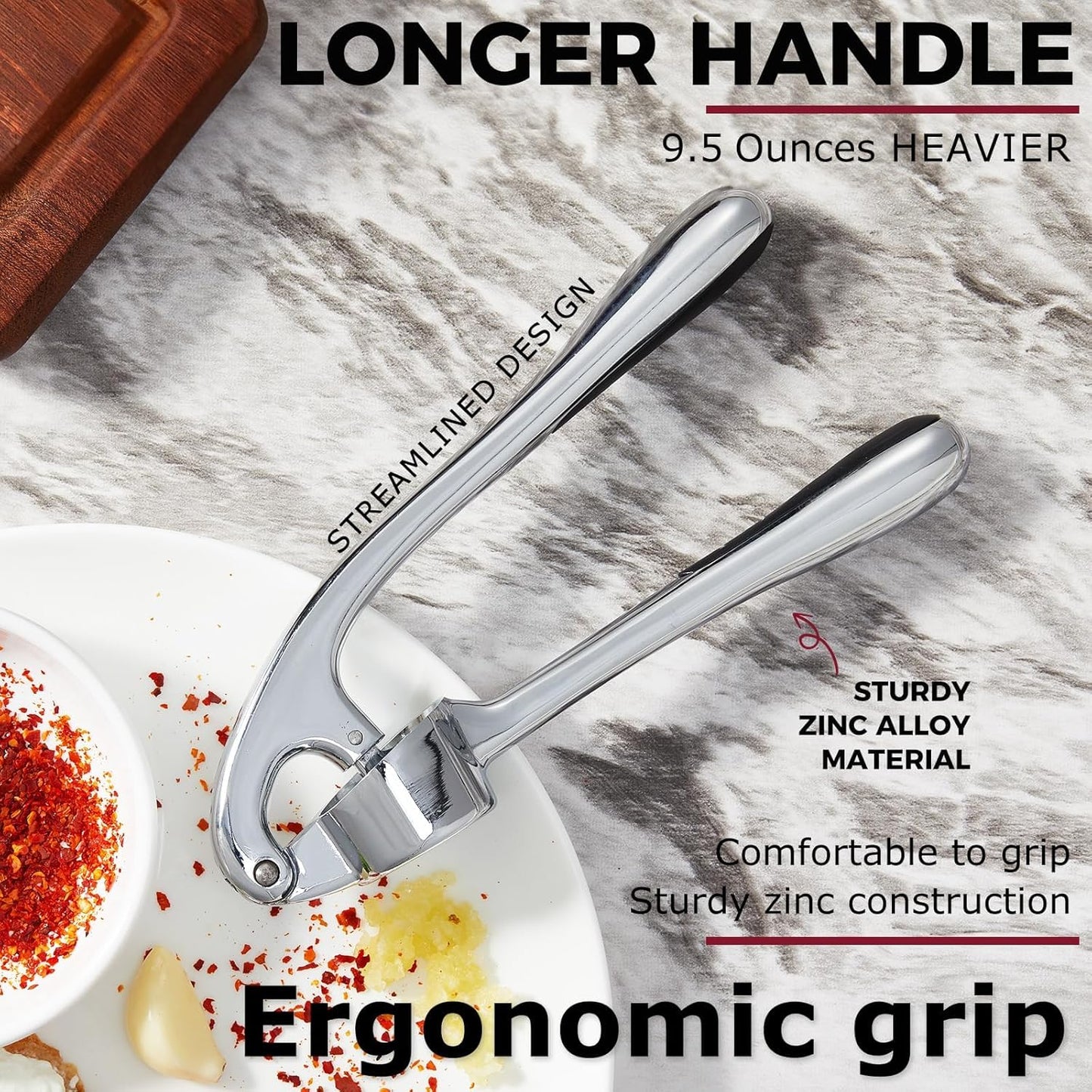 Kitessensu High Effective Garlic Press With Studs, Heavy Duty Garlic Mincer, Easy to Squeeze and Clean, Rust Proof, Ginger Crusher- Imperial Silver
