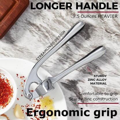 Kitessensu High Effective Garlic Press With Studs, Heavy Duty Garlic Mincer, Easy to Squeeze and Clean, Rust Proof, Ginger Crusher- Imperial Silver