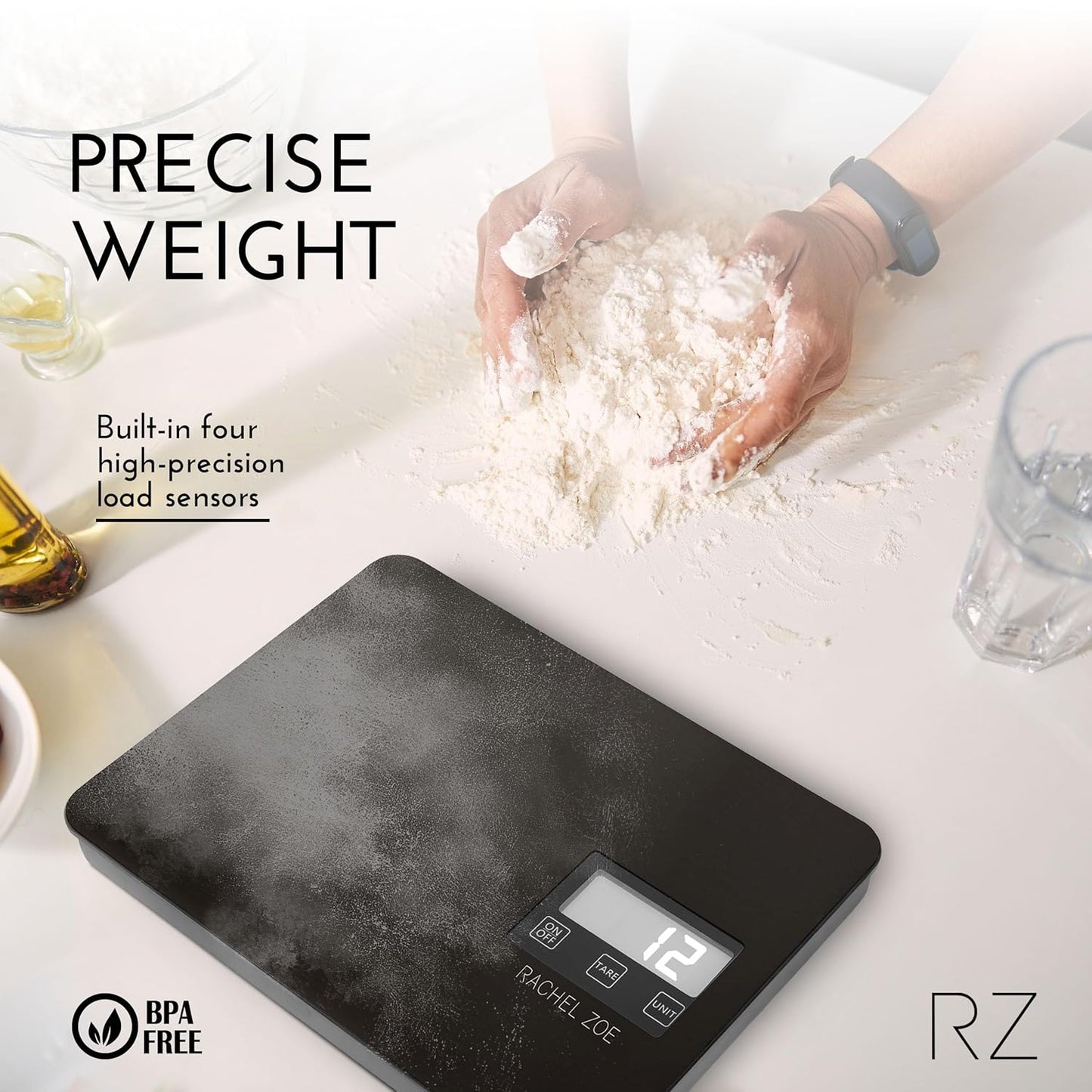 Rachel Zoe Digital Kitchen Food Scale with Non-Slip Base for Home and Kitchen, Measures in Pounds, Grams, Milliliters & Kilograms, Battery Operated Aluminum Electric Scale for Meals, Baking & Diets