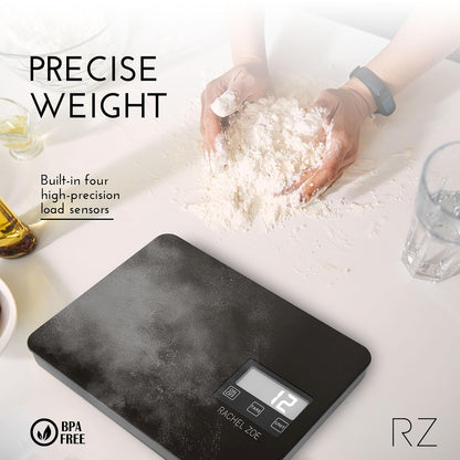 Rachel Zoe Digital Kitchen Food Scale with Non-Slip Base for Home and Kitchen, Measures in Pounds, Grams, Milliliters & Kilograms, Battery Operated Aluminum Electric Scale for Meals, Baking & Diets