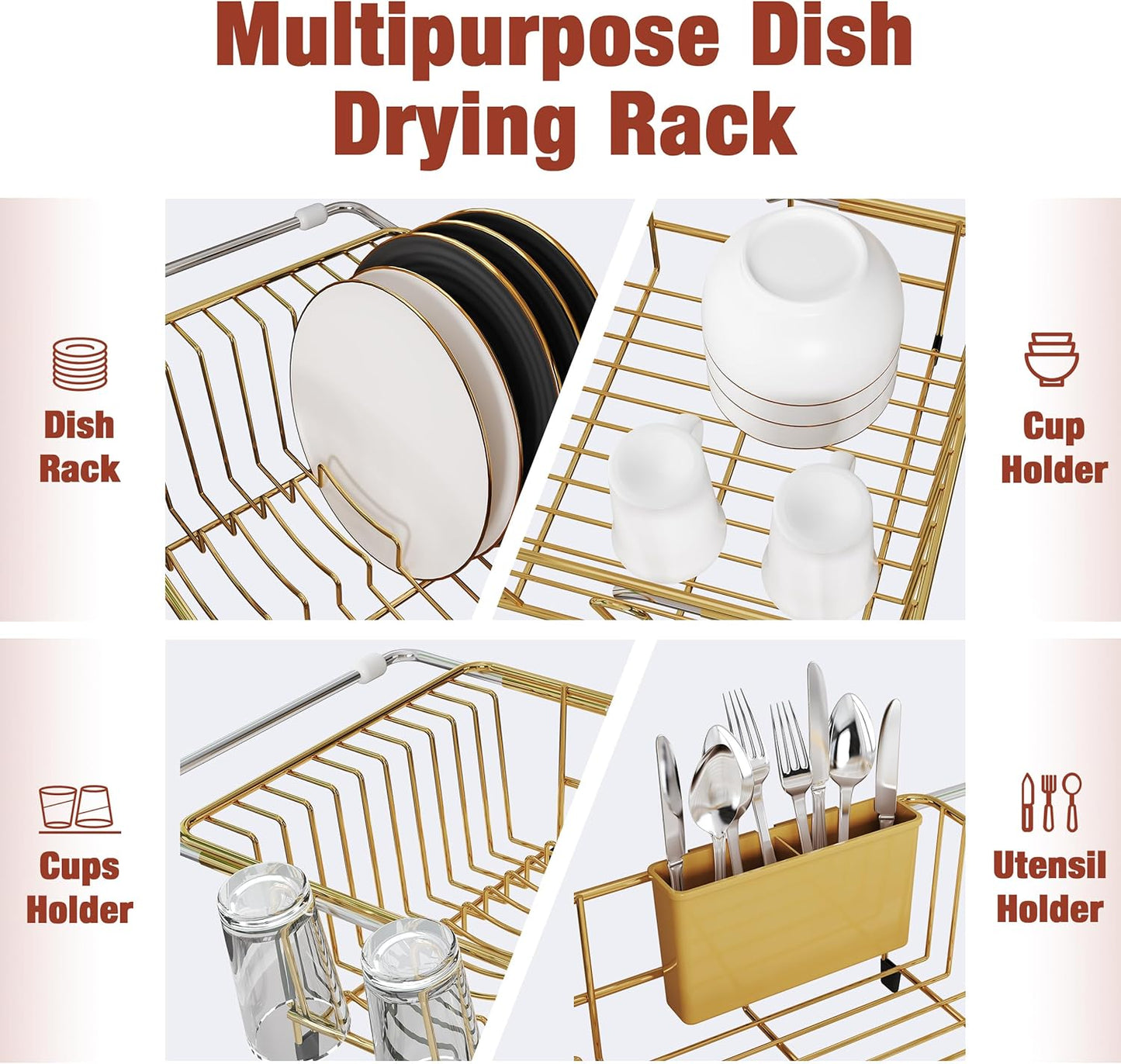 JASIWAY Roll Up Dish Drying Rack, Expandable (12.8"-23.8" D x 12.8" W) Stainless Steel Portable Drainer for Kitchen Sink Counter, Foldable Over The Sink Cover with Removable Utensil Holder