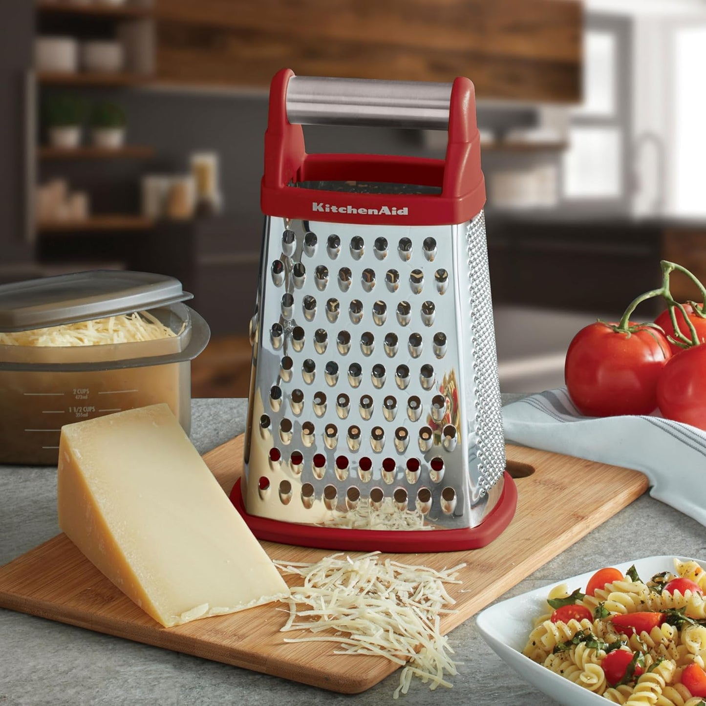 KitchenAid Gourmet 4-Sided Stainless Steel Box Grater for Fine, Medium and Coarse Grate, and Slicing, Detachable 3 Cup Storage Container and Measurment Markings, Dishwasher Safe, 10 inches tall, Black
