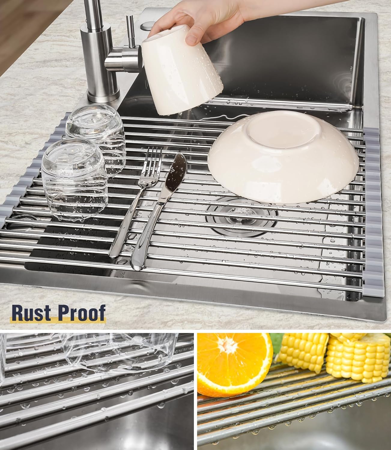 Tomorotec 17.7" x 15.5" Roll Up Dish Drying Rack Over Sink Drying Rack Sink Cover Kitchen Sink Accessories Gadget Multipurpose Organizer Foldable Stainless Steel Drainer