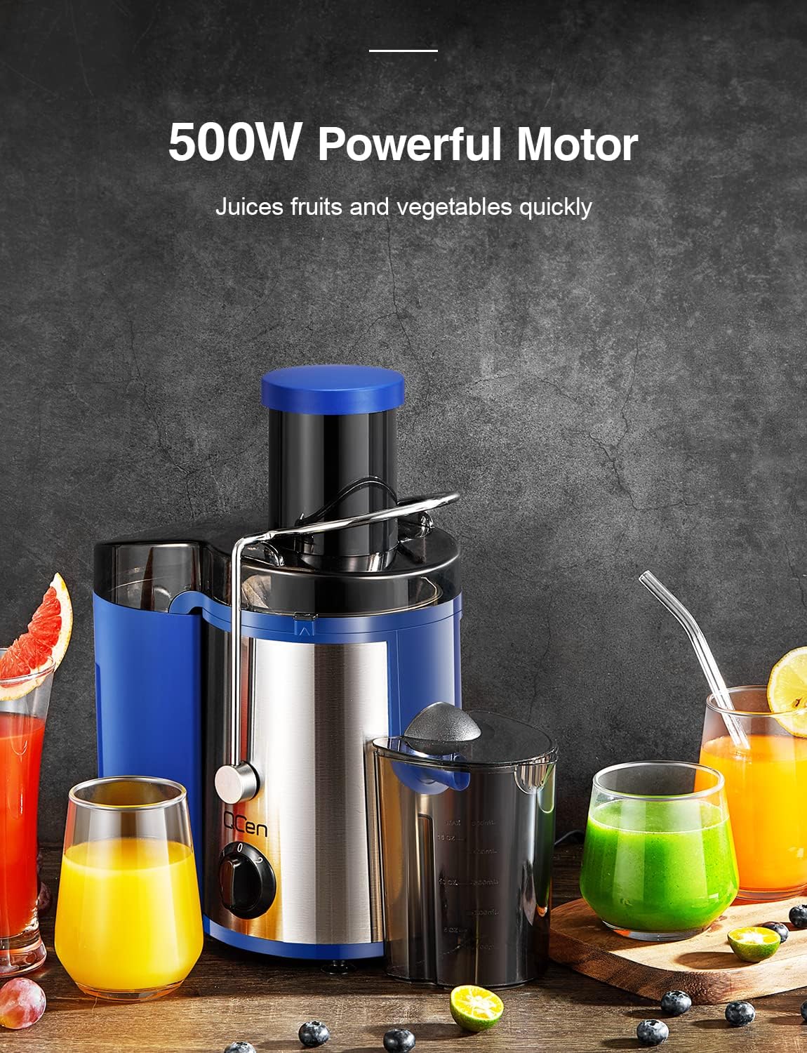 Qcen Juicer Machine, 500W Centrifugal Juicer Extractor with Wide Mouth 3” Feed Chute for Fruit Vegetable, Easy to Clean, Stainless Steel, BPA-free (Black)