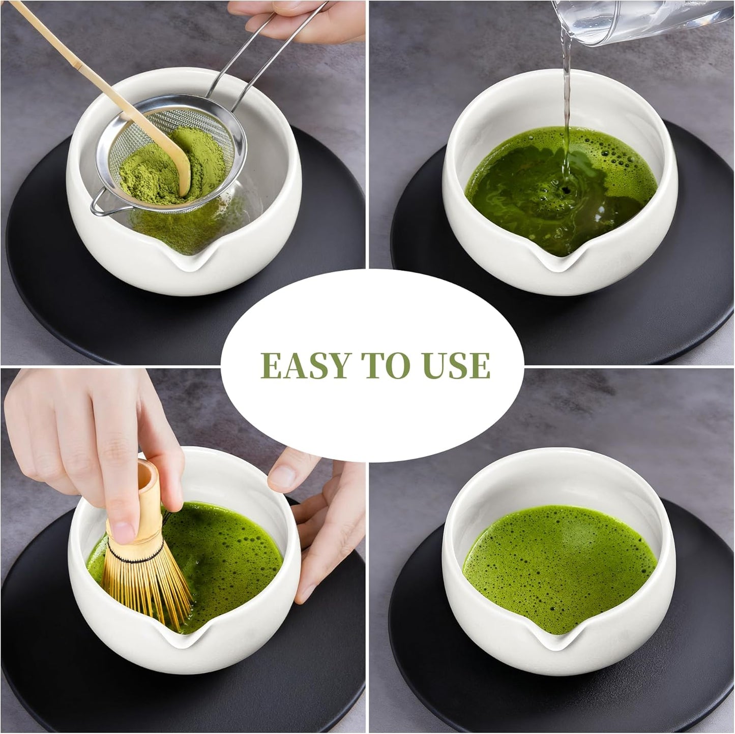 YIBO Matcha Whisk Set With Bowl, Ceramic Matcha Making Kit Includes Bamboo Whisk (Chasen), Holder Stand, Powder Starter Sifter, Scoop, Measuring Spoon & Cup Tea Tools For Ceremony (Mottled Green)