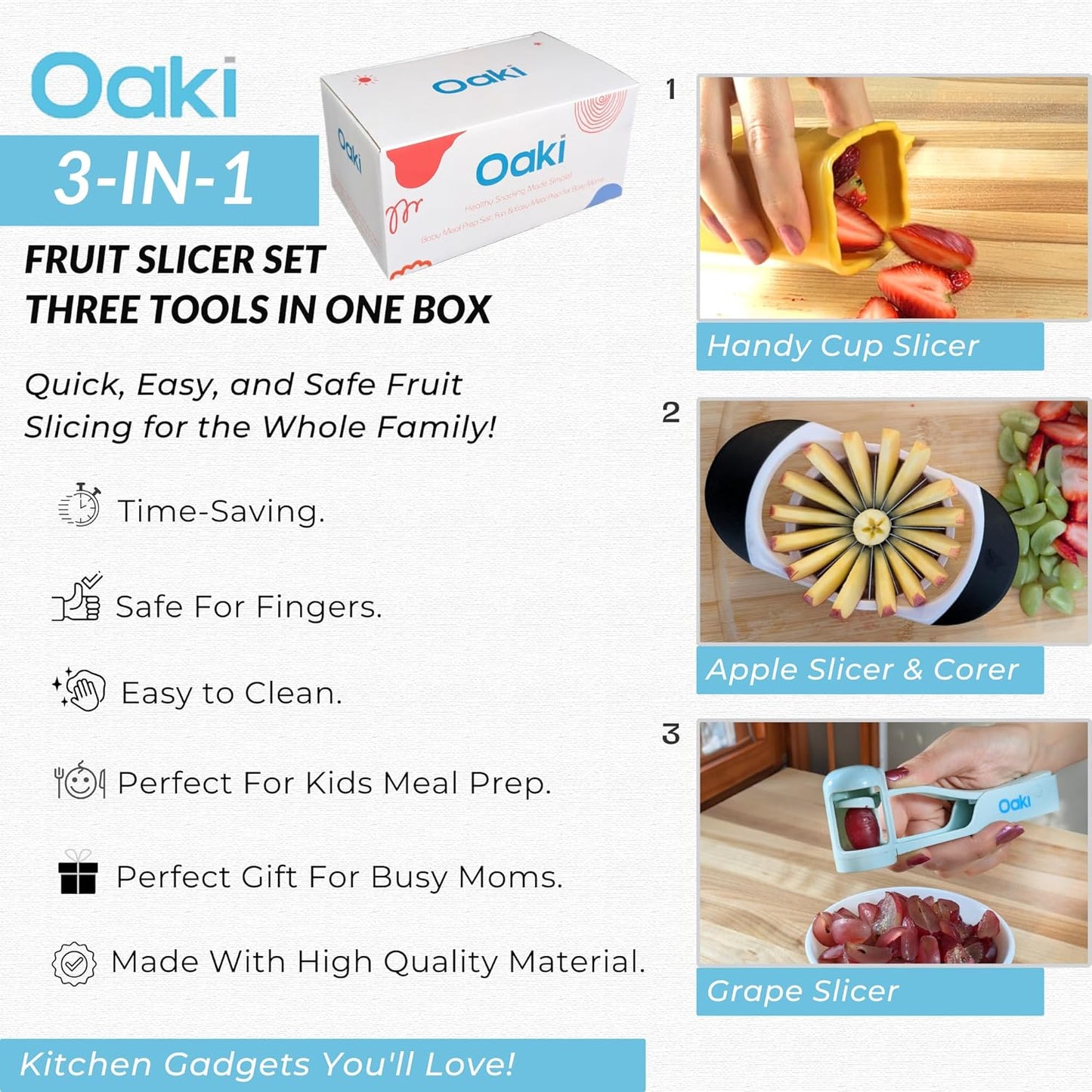 Oaki Bitty Bites Bundle | 3-in-1 Fruit Cutter Set | Apple, Grape, Strawberry Slicer & More | Precision Food Prep Slicer Set