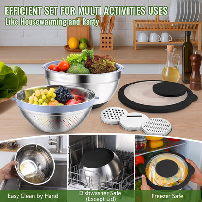 P&P CHEF 4-In-1 Stainless Steel Colander with Bowl Set, Rotatable Strainers for Kitchen, Fruit Cleaner, Washing Fruit & Draining Pasta, Mixing Bowl and Lid with Grater for Salad, Khaki