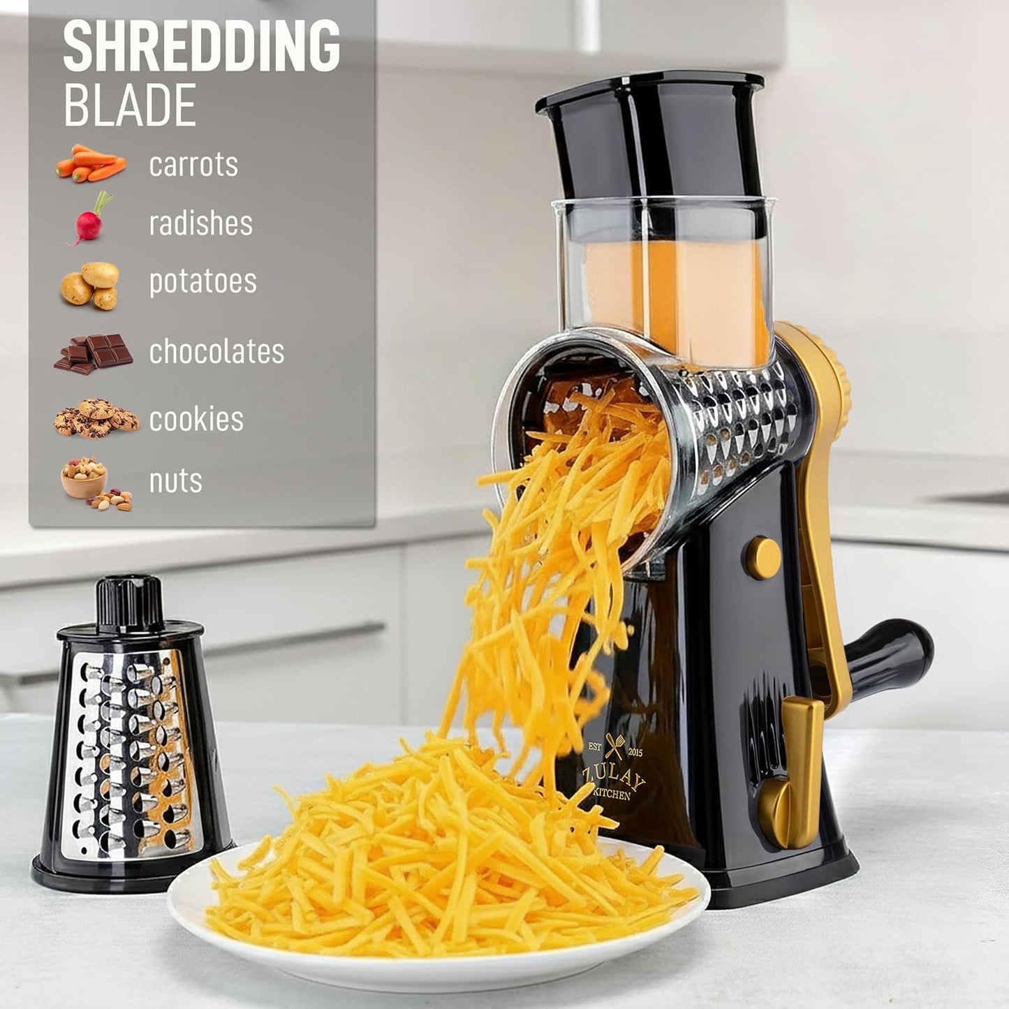 Zulay Kitchen Rotary Cheese Grater 5 Blade Cheese Shredder - Manual Hand Crank Cheese Grater With Reinforced Suction & 5 Interchangeable Drums - Easy to Use, Vegetable Chopper Round Mandoline Slicer - Colors B