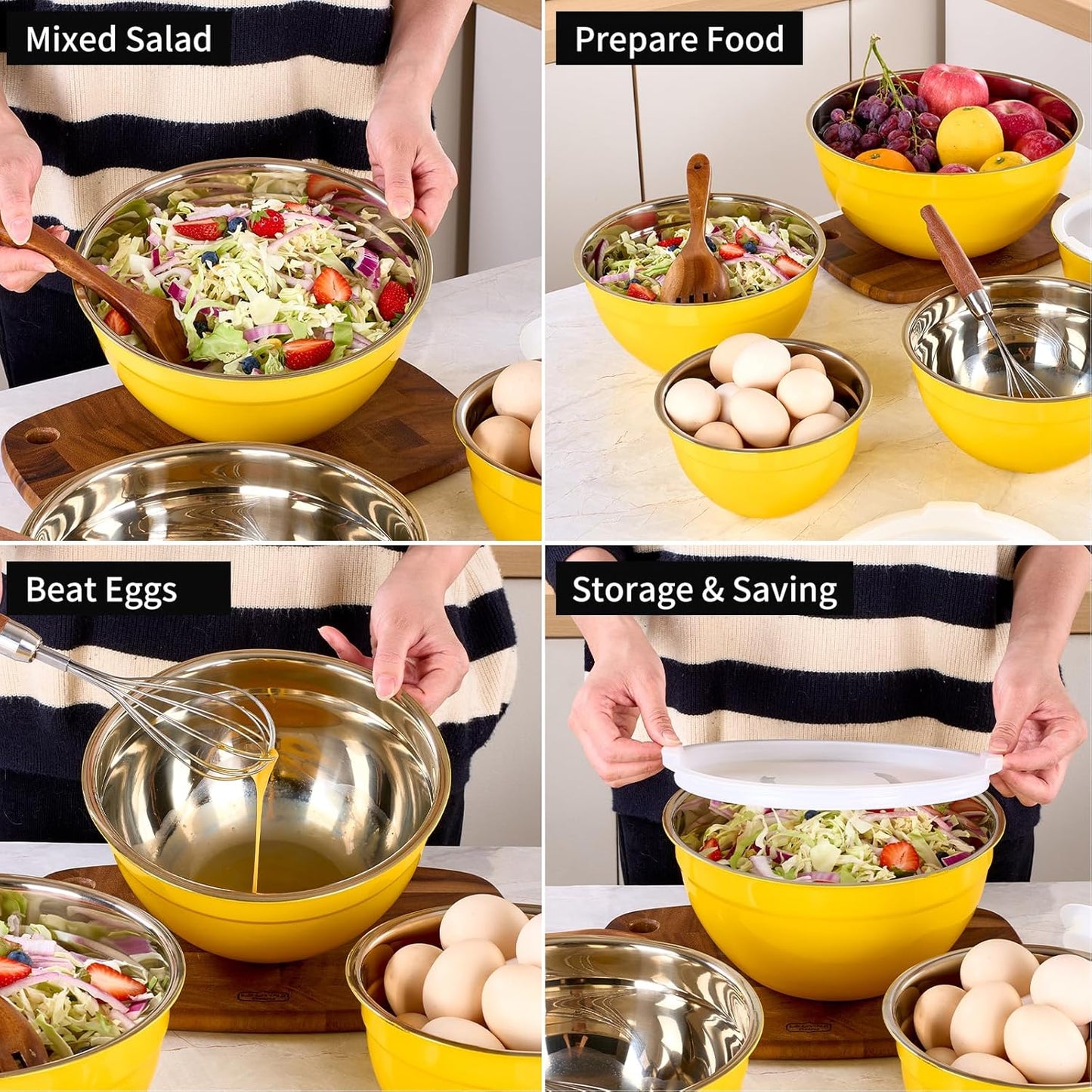 Red Mixing Bowls with Lids Set of 7, Stainless Steel Nesting Bowl with Khaki Lid for Non-slip Mixing Prepping Storing Serving, 7 Sizes-7/3.6/2.7/2.1/1.5/1/0.8 QT