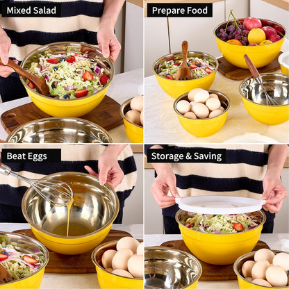 Red Mixing Bowls with Lids Set of 7, Stainless Steel Nesting Bowl with Khaki Lid for Non-slip Mixing Prepping Storing Serving, 7 Sizes-7/3.6/2.7/2.1/1.5/1/0.8 QT