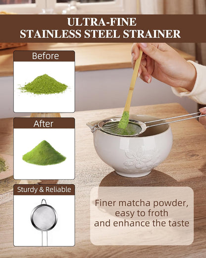 ZENS Matcha Whisk Set, Ceramic Matcha Kit Set Includes Matcha Bowl, Bamboo Whisk and Scoop, Chasen Holder, 304 Sifter and Tea Mat - 6Pcs Matcha Kit for Matcha Lovers (White)