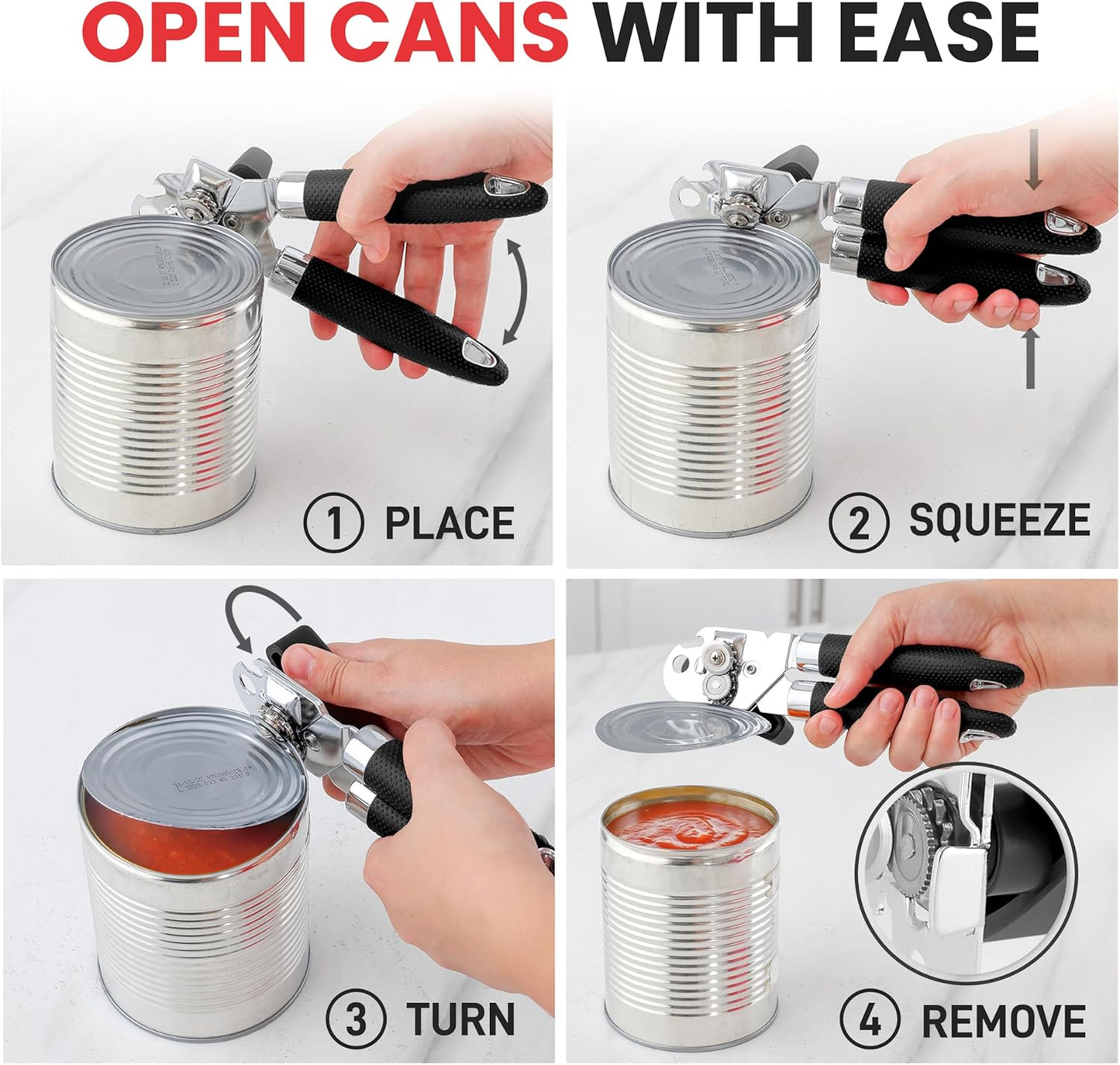 Zulay Kitchen Can Opener with Large Bottle Opener - Heavy Duty Stainless Steel Manual Can Opener with Turn Knob and Soft Grip Handles - Black