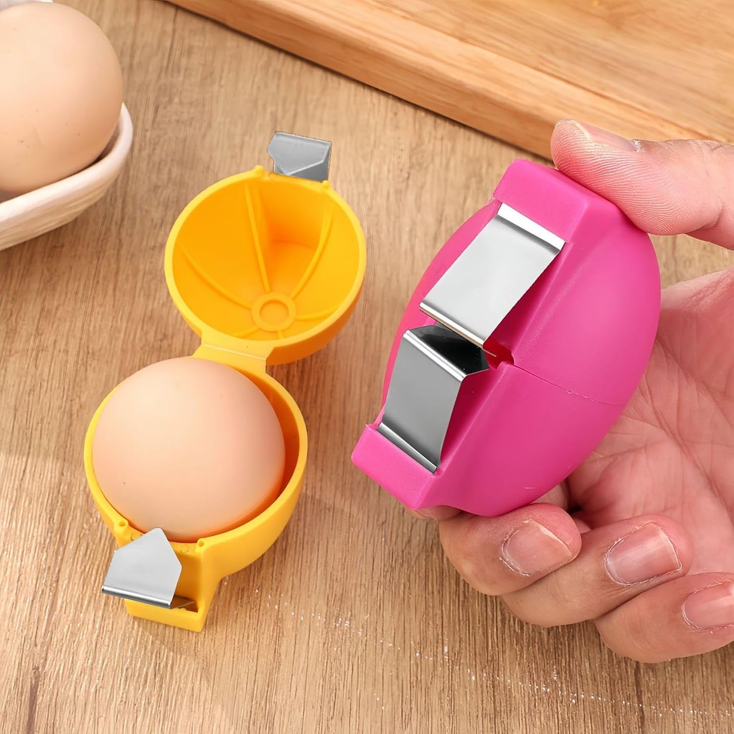 Stainless Steel Egg Opener, Cracker, Separator and Slicer Tool, 3 Piece Set, Pink, Orange, Yellow, for Breakfast and Baking