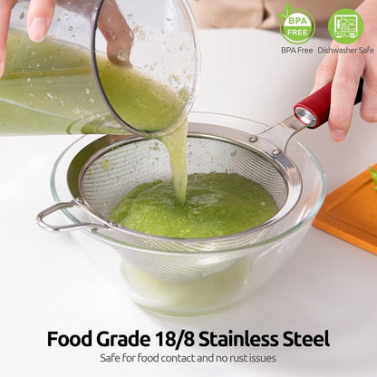 18/8 Stainless Steel Mesh Strainer: U-Taste 5.5 Inch Kitchen Fine Mesh Sieve Food Colander with Riveted Sturdy Silicone Handle and 30 Mesh Hole for Straining Flour, Pasta, Fruit, Quinoa(Aqua Sky)