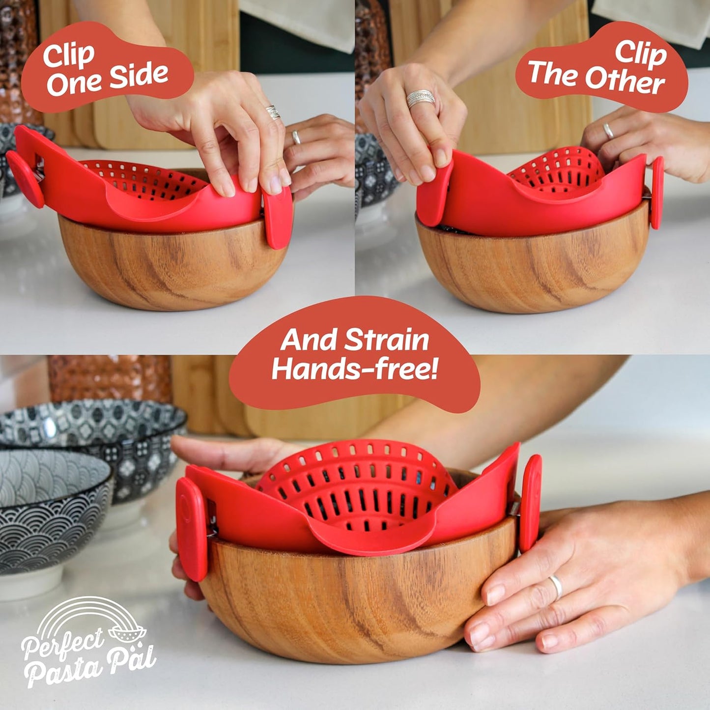 PERFECT PASTA PAL Clip-on Strainer for Pots - Silicone Pasta - Heat Resistant, Space Saving Colander for Kitchen - Dishwasher Safe Pot Strainer - Cooking Essentials and Home Must Haves