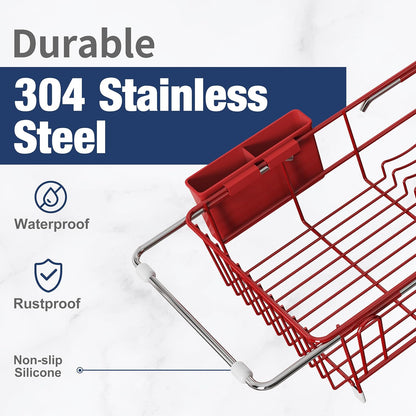 JASIWAY Roll Up Dish Drying Rack, Expandable (12.8"-23.8" D x 12.8" W) Stainless Steel Portable Drainer for Kitchen Sink Counter, Foldable Over The Sink Cover with Removable Utensil Holder