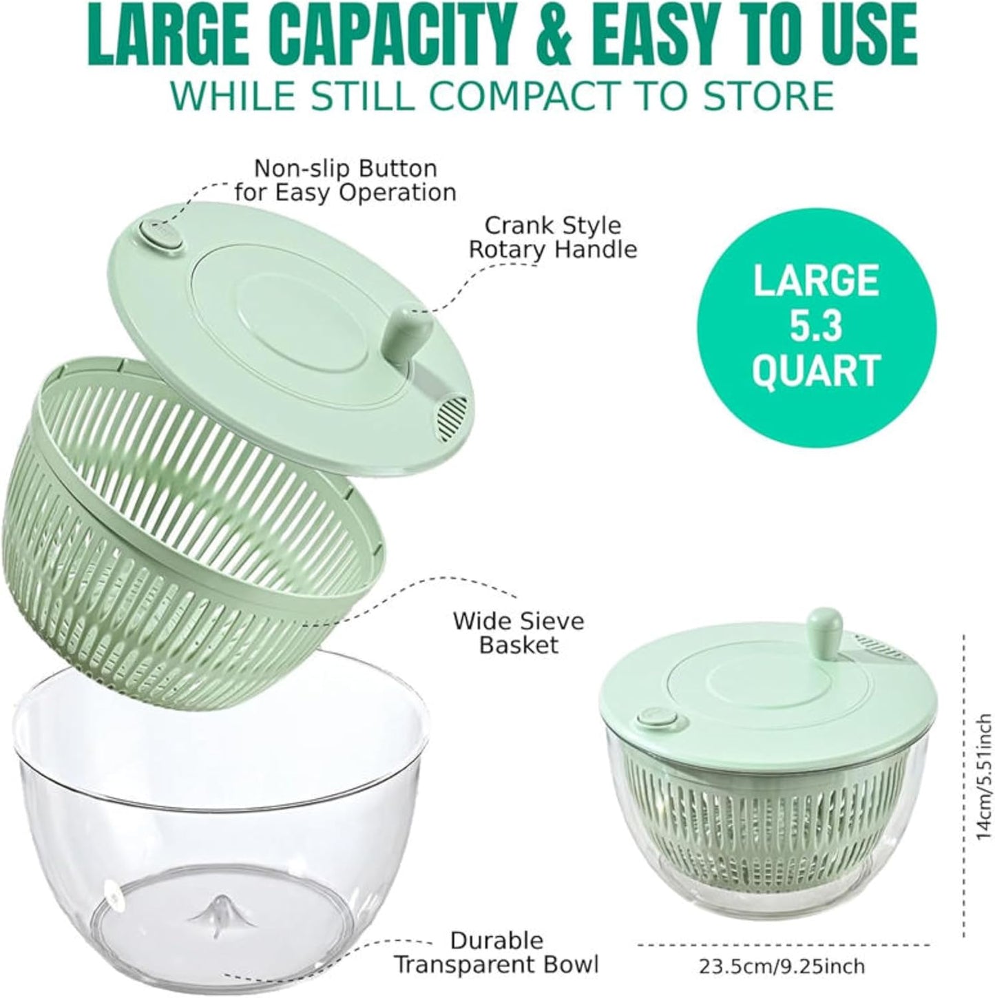 Rank Rover Salad Spinner for Washing & Drying Vegetables and Fruits, Lettuce Spinner with Clear Bowl & Inner Basket, Vegetable and Fruit Washing Dryer for Kitchen