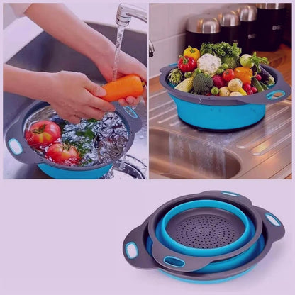 Green Kitchen Strainer Colander Set - 2 PCS Multifunctional Colander Silicone Food Strainers for Kitchen for Pasta and Spaghetti Collapsible with Plastic Handles