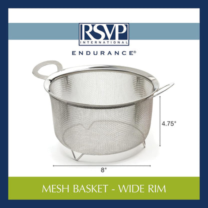 RSVP International Mesh Colander Strainer Basket with Folding Handles, 3 Quarts | For Pasta, Frying, & Salads | Dishwasher Safe | Use in Pressure Cookers | Steaming, Draining & Rinsing