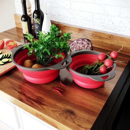 Collapsible Colanders with Handles, Food-Grade Silicone Kitchen Strainer Space-Saving Design For Pasta, Red