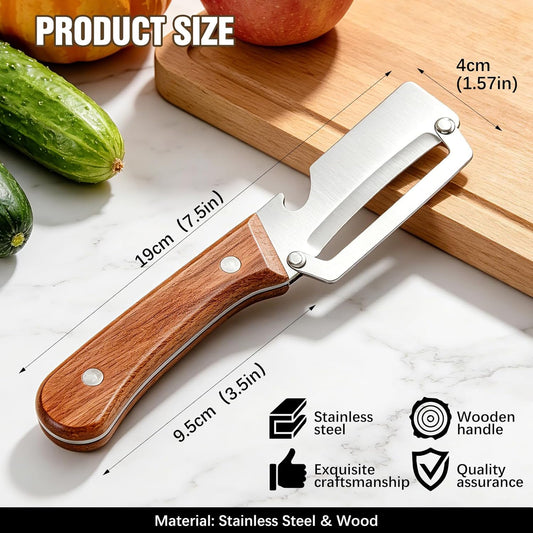 Left & Right Hand Vegetable Peeler Set with Scallion Slicer & Bottle Opener, Heavy-Duty Thick Stainless Steel Blade, Multi-Function Kitchen Peeler with Wooden Handle for Fruits & Vegetables(New 2pcs)
