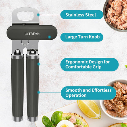 Ultrean Manual Can Opener Bottle Opener, Heavy Duty Stainless Steel Smooth Edge Manual Hand Held Can Opener With Soft Touch Handle, Rust Proof Oversized Handheld Easy Turn Knob (Black)